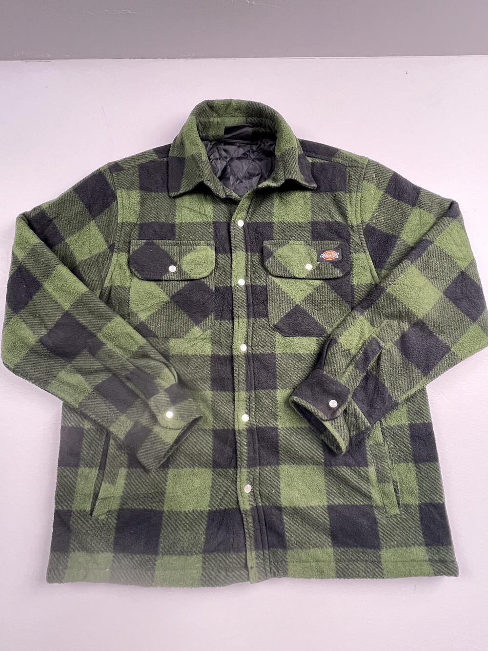 Dickies Jacket Mens Small Green Plaid Fleece Quilted Snap Shirt Lined Workwear
